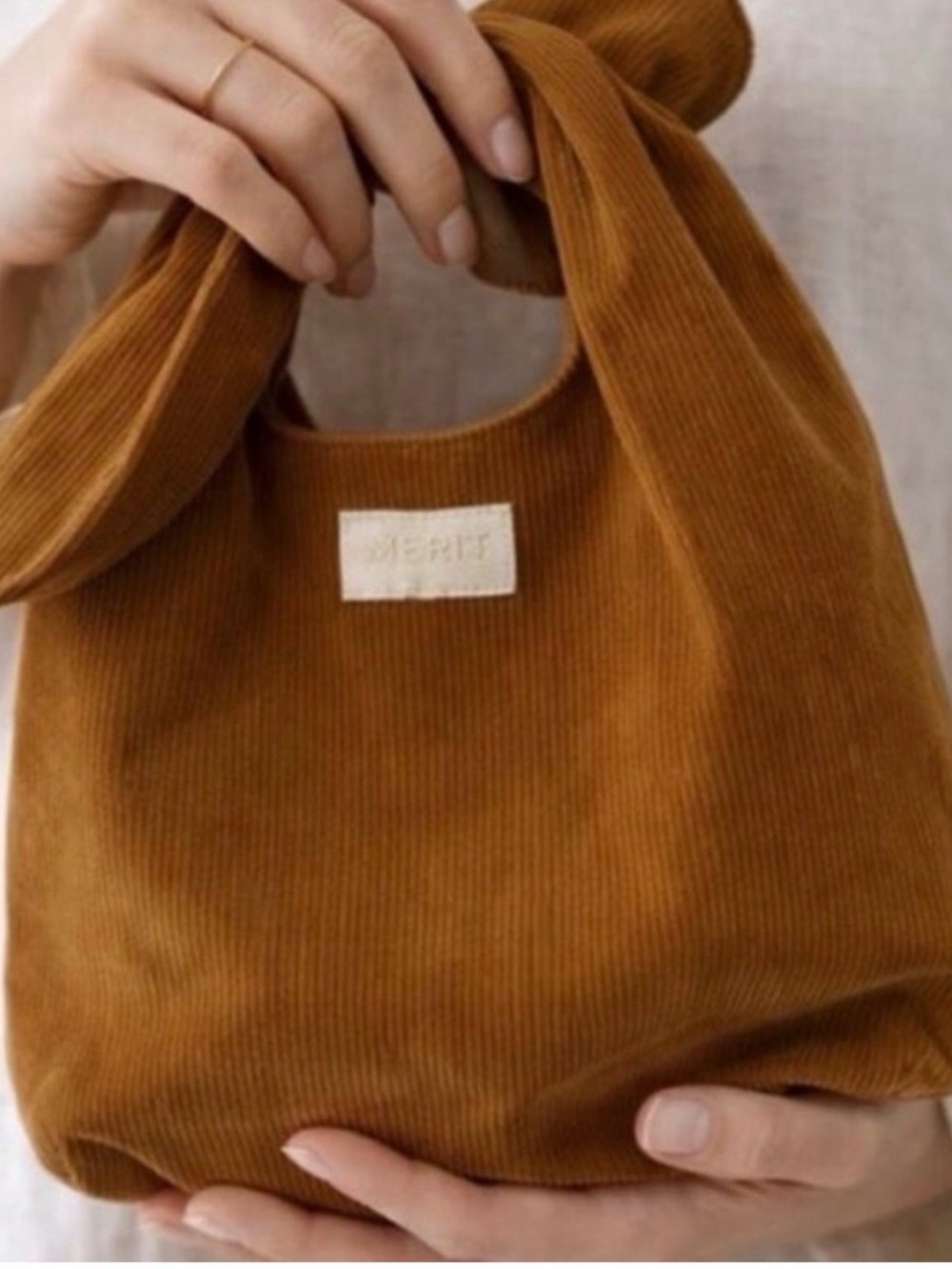 MERIT Corduroy Knot-Top Cosmetic Bag in Camel Brown